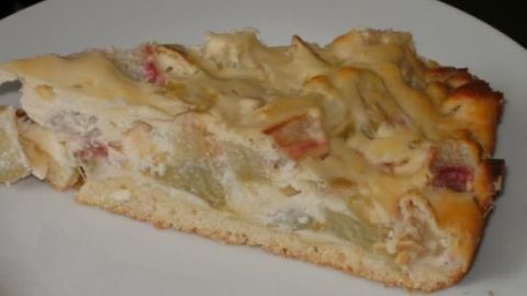 Ein Stück Rhabarber-Quark-Kuchen liegt auf einem weißen Teller, mit einer goldbraunen Oberfläche und fruchtigen Rhabarberstücken.