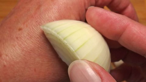 Eine Hand hält eine halbe Zwiebel, die auf einen Insektenstich drückt, um Beschwerden zu lindern.
