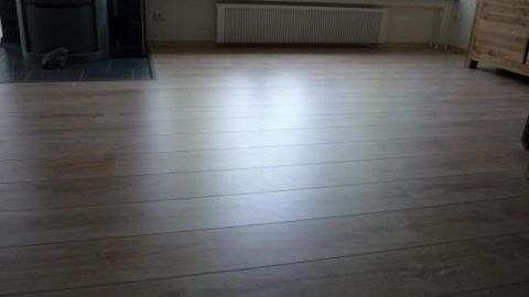 Ein sauberer Laminatboden reflektiert das Licht, ohne Streifen, in einem gemütlichen Raum mit Fenster und Pflanzen.