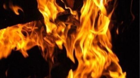 Flammen tanzen lebhaft im Feuer, umgeben von dunklem Holz, während eine Grillfete im Freien vorbereitet wird.