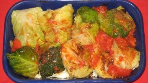 Geschmorte Wirsingrollen gefüllt mit Rinderhack und Pilzen liegen in einer blauen Schale, umgeben von Tomatensauce.