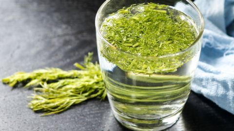 Ein Glas Wasser mit grünen Pflanzenteilen darin steht auf einem dunklen Tisch, umgeben von einem blauen Tuch.