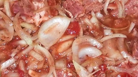Eine Mischung aus Tomaten und Zwiebeln schwimmt in einer würzigen Marinade, umgeben von Fleischstücken.