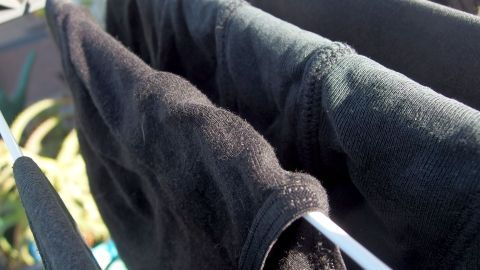 Schwarze T-Shirts hängen an einer Wäscheleine im Freien, umringt von Pflanzen im Hintergrund.