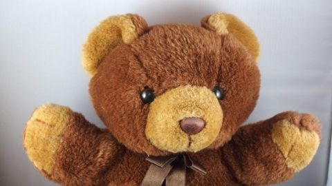 Ein brauner Bärchen-Stofftier mit Granulatfüllung sitzt auf einem weißen Hintergrund und hat die Arme offen.
