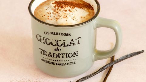 Ein grüner Becher mit schaumigem, scharfem Kakao, bestreut mit Zimt, steht auf einer hellen Unterlage, umgeben von Vanilleschoten.