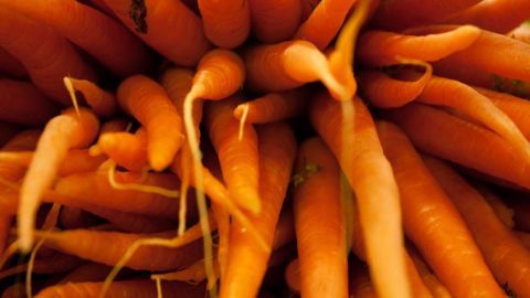 Karotten liegen eng aneinander, ihre Spitzen zeigen nach außen, in einem nahen, chaotischen Detailblick auf die orange Wurzeln.