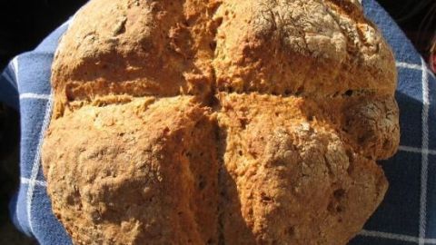 Das frisch gebackene irische Brot mit Buttermilch liegt auf einem karierten Tuch und zeigt eine goldene, knusprige Kruste.