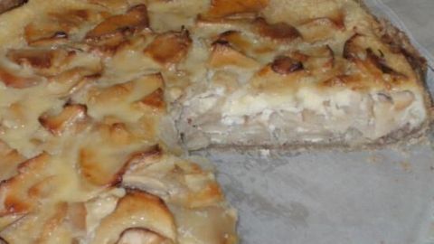 Ein leckerer Elsässer Apfelkuchen mit golden gebräunten Apfelstücken, aus dem ein Stück herausgeschnitten wurde.
