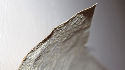 Eine abgelöste Tapete liegt an der Wand, während der Tapetenkleister zur Reparatur mit einer Spritze aufgetragen wird.