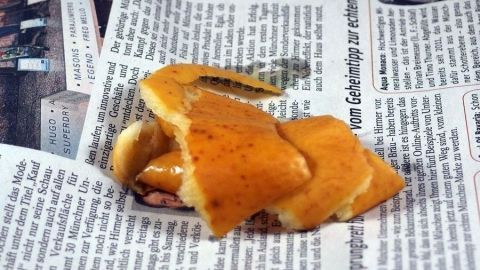 Eine orangefarbene Schale liegt auf Zeitungspapier, als Teil von Biomüllsammlung zur umweltfreundlichen Entsorgung.