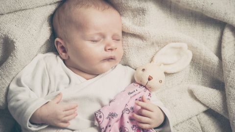 Schlafendes Baby hält Schnuffeltuch mit Kuscheltierhase in pastellfarbenem Bett, Text auf Tuch: "Have a happy".