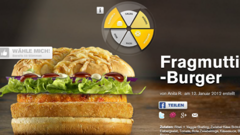 Ein Burger mit frischem Salat und knusprigem Hähnchen wird präsentiert, während darüber "Fragmutti-Burger" steht.