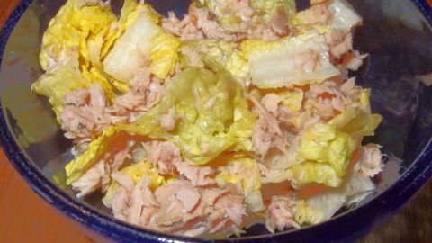 Ein Thunfisch-Salat liegt in einer Schüssel, die frische Blätter und Thunfisch vermischt, appetitlich angerichtet.