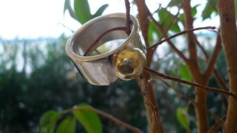 Ein silberner Ring mit goldener Kugel hängt an einem Zweig, umgeben von grünen Blättern in einer hellen Umgebung.