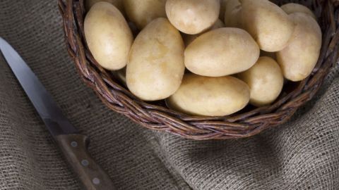 Eine Korb mit frischen Farmer-Kartoffeln liegt auf einem rustikalen Tuch neben einem Messer.