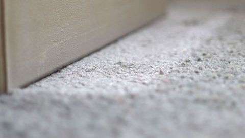 Ein Teppich, der Druckstellen zeigt, liegt am Boden neben einer geschlossenen Tür, mit einem feinen Staubbelag auf der Oberfläche.