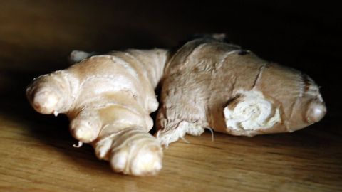Ein frischer Ingwer liegt auf einem Holztisch, bereit zur Verarbeitung für Ingwer-Gelee oder Ingwer-Sirup.