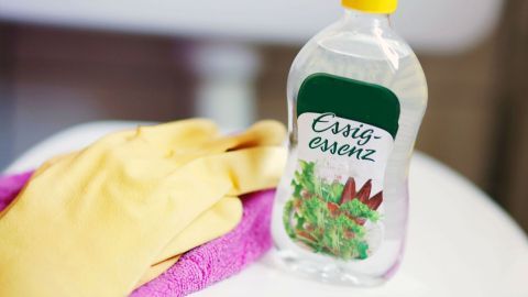 Eine gelbe Gummihand schwenkt ein Reinigungstuch über eine Kloschüssel, während eine Flasche Essig daneben steht.