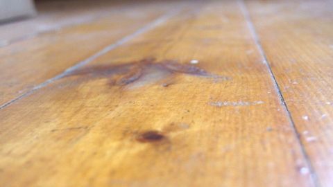 Ein glänzender Holzfußboden reflektiert das Licht, während Staubpartikel in der Luft liegen, ohne Geräusche zu erzeugen.