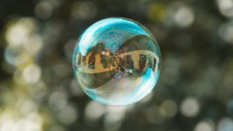 Eine schimmernde Seifenblase schwebt sanft durch eine grüne, verwachsene Umgebung, reflektiert Licht und Farben.