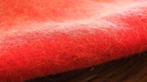 Ein rotes Textilstück zeigt Hunde- und Katzenhaare, die sich darauf abgelagert haben, was ein häufiges Problem in der Waschmaschine darstellt.