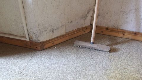 Ein Besen lehnt an einer Wand mit Schimmelbefall in einem Raum mit Linoleumboden und holzverkleideter Sockelleiste.