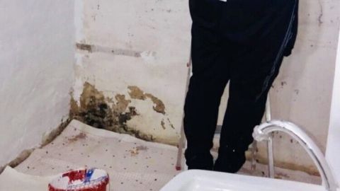 Eine Person streicht mit Leim-Kreide-Farbe eine Wand in einem unaufgeräumten Raum, während ein Eimer und Pinsel bereitstehen.
