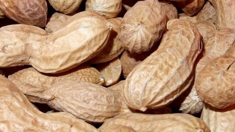 Ist nicht teuer, macht bruchfest und der Empfänger kann noch naschen. Erdnüsse liegen dicht beieinander und dienen als umweltfreundliches Füllmaterial für Päckchen.