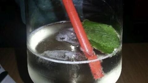 Ein Glas Hugo steht auf einem Holztisch mit einem roten Strohhalm und einem Minzblatt, umgeben von sanftem Licht.