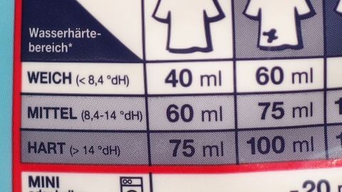 Eine Tabelle zeigt die dosierte Waschmittelmenge für verschiedene Wasserhärten: weich, mittel und hart.