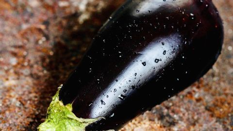 Eine glatte, dunkle Aubergine liegt auf einer rustikalen Oberfläche. Die frische Aubergine könnte geraspelt werden, um Sonnenbrand zu lindern.