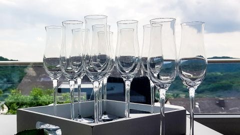 Elegante Party-Gläser stehen auf einem weißen Tablett, bereit für eine Feier mit Blick auf die grüne Landschaft.