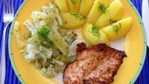 Ein gefüllter Teller zeigt Fenchelgemüse, gebratenes Fleisch und gedämpfte Kartoffeln auf einem bunten Teller.