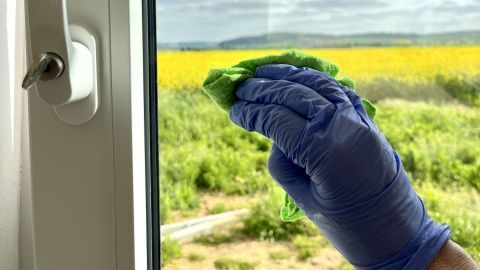 Eine Hand mit blauen Handschuhen putzt ein Fenster mit einem grünen Tuch, während ein blühendes Feld im Hintergrund sichtbar ist.