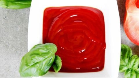 Ein schüsselformiger Teller enthält selbstgemachten Tomatenketchup, verziert mit frischem Basilikum, auf einem grauen Untergrund.