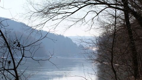 Ein ruhiger Fluss schlängelt sich durch eine bewaldete Landschaft, umgeben von sanften Hügeln und kahlen Ästen.
