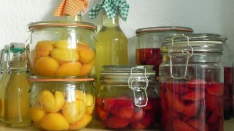 Gläser mit eingekochtem Obst und Saft stehen auf einem Tisch, gut sortiert, ideal für das Einwecken von Früchten.