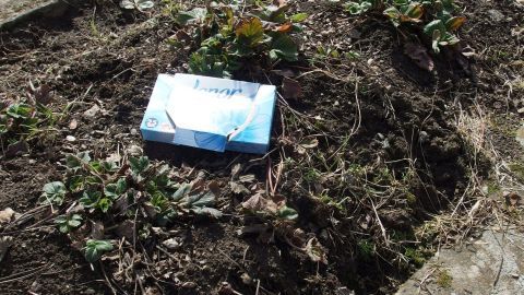 Ein Trocknertuch liegt auf einem Grundstück mit wenig Pflanzenbewuchs, wahrscheinlich als Mückenschutz ausgelegt.