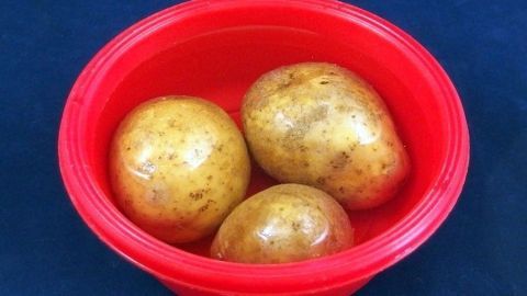 Drei alte, weiche Kartoffeln liegen in einer roten Schüssel auf einem blauen Hintergrund. Sie wirken unattraktiv und matschig.