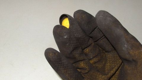 Ein abgenutzter, schmutziger Gartengummihandschuh zeigt ein Loch auf, während er eine kleine gelbe Pflanze hält.