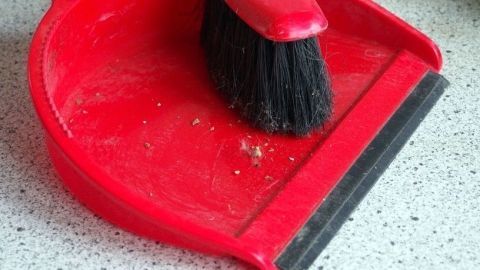 Ein rotes Kehrschaufel-Set liegt auf einer Arbeitsplatte, bereit, um Krümel abzuwehren und die Fläche zu reinigen.