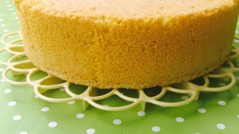 Ein luftiger Biskuitkuchen steht auf einem dekorativen Teller und liegt auf einer grünen Tischdecke mit Punkten.