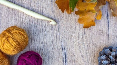 Bunte Wollknäuel liegen auf einem Holztisch, während eine Häkelnadel daneben ruht. Herbstblätter und eine Tannenzapfen ergänzen die Szene.
