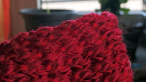 Ein roter Wollschal liegt lässig auf einer Couch, während im Hintergrund sanftes Licht und Pflanzen zu sehen sind.