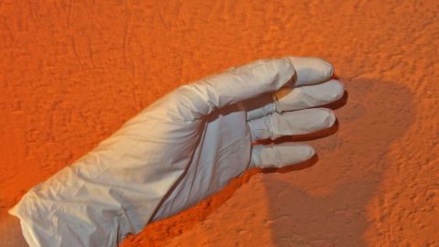 Um saubere Hände nach dem Auswaschen meiner Malutensilien zu haben, benutze ich Einmalhandschuhe. Eine Hand mit einem weißen Handschuh berührt eine orange Wand, symbolisiert saubere Hände bei Malaktionen.