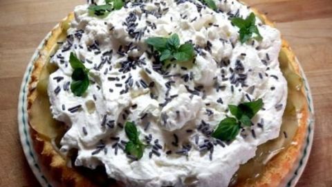 Eine Blitztorte mit einer cremigen, schaumigen Schicht aus Sahne und frischen Stachelbeeren, dekoriert mit Minze.
