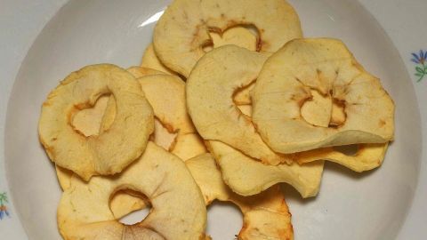 Apfelchips liegen auf einem Teller und zeigen verschiedene getrocknete Apfelscheiben in appetitlicher Anordnung.
