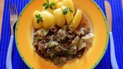 Ein gelber Teller mit Schmorkohl und Kartoffeln, garniert mit frischen Kräutern, steht auf einer blauen Tischmatte.