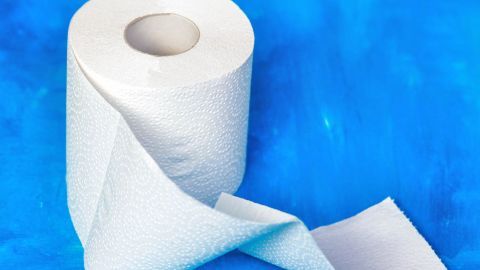 Eine Klopapierrolle liegt auf einer blauen Oberfläche, während das Blatt teilweise abgerollt ist und zur Seite hängt.